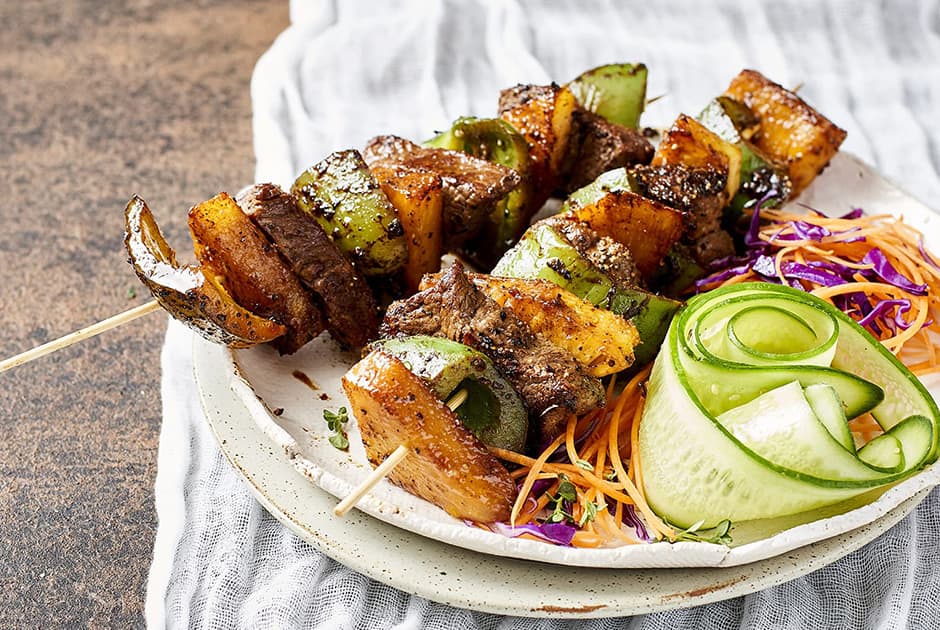 Charred Beef, Pineapple and Capsicum Skewers