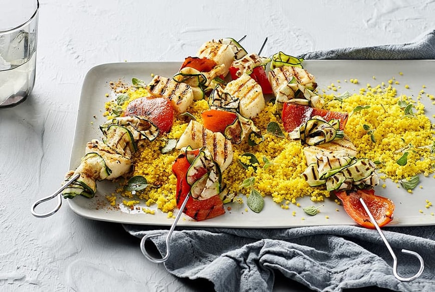 Charred Halloumi and Vegetable Skewers with Fragrant Rice