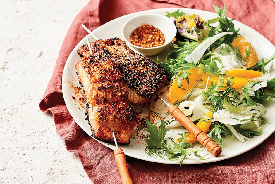 charred salmon with orange salad