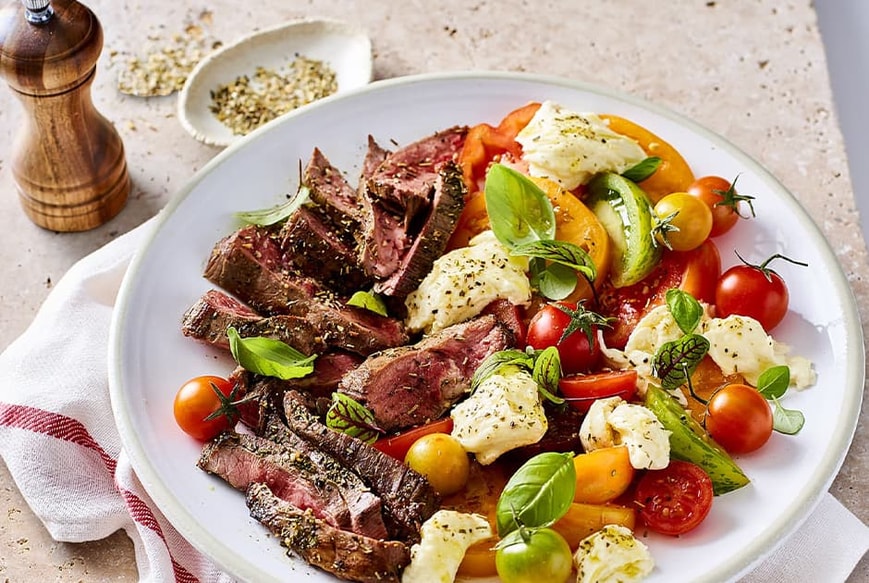 Tuscan Style Flank Steak with Caprese Salad