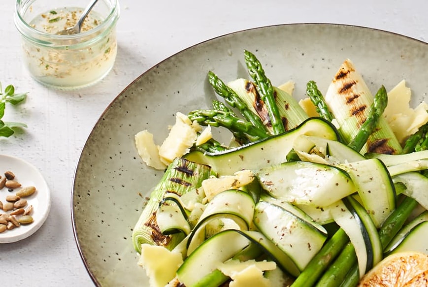 Charred Leek, Asparagus and Zucchini Ribbons with Smoked Cheddar and Lemon